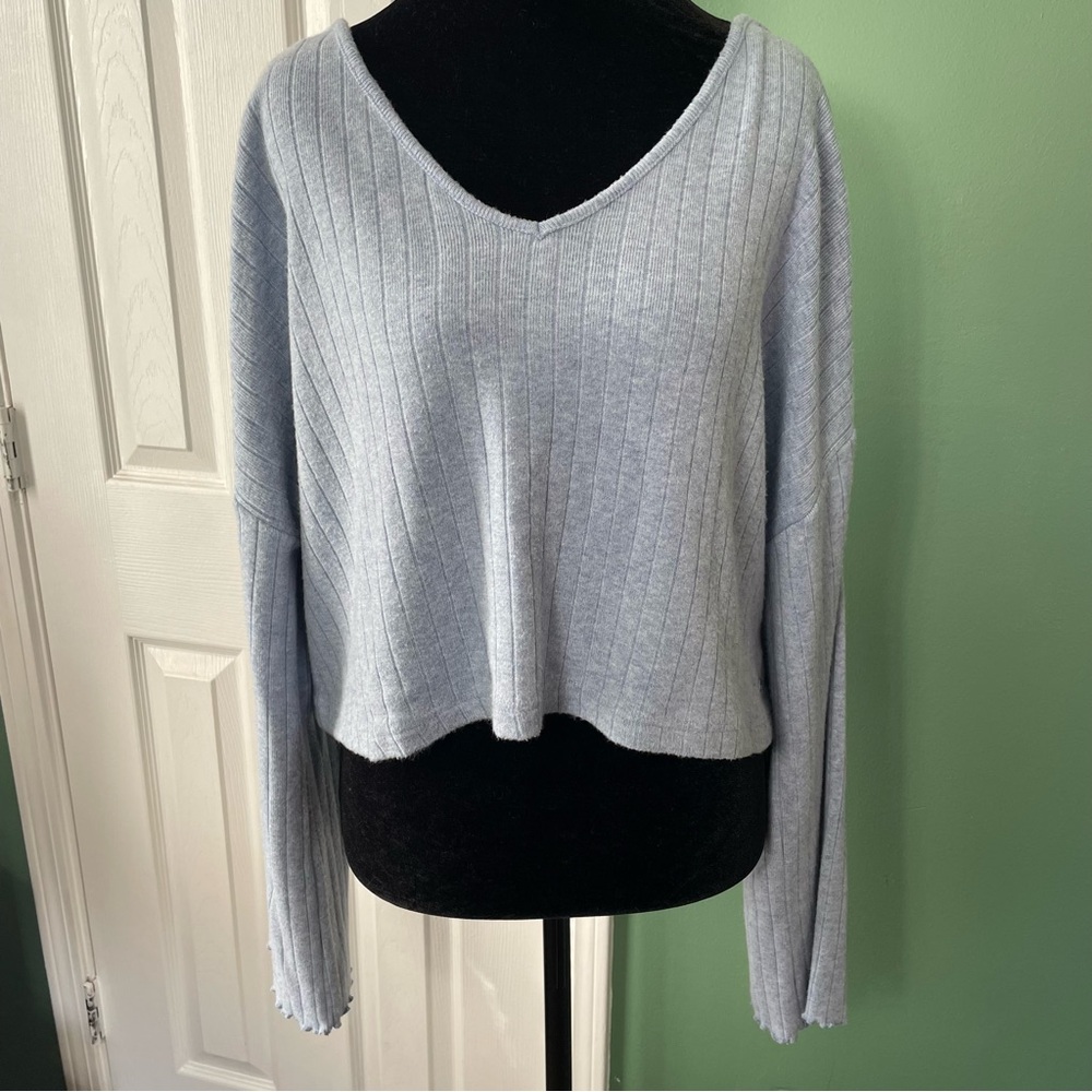 Roxy Light Blue Ribbed Knit Cropped Sweater XL Costal Grandma Cozy Soft Touch